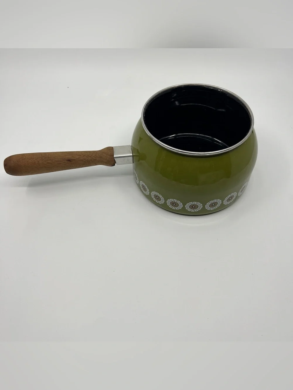 Vintage avocado green fondue pit enamelware saucepan pot wooden handle metal lid
